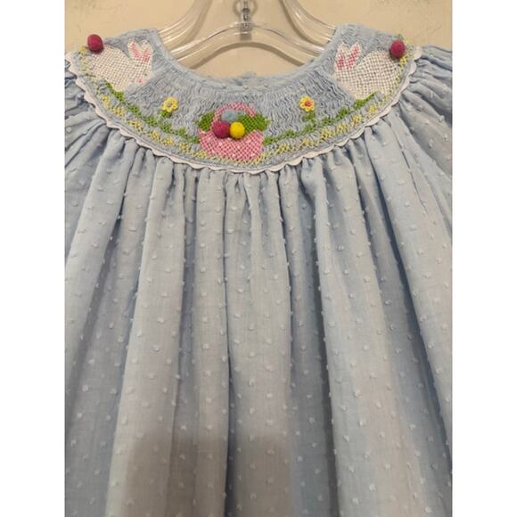 Marmellata Smocked Dress 4T Easter Bunny Embroidered Swiss Dots Blue Sz 4 - Picture 2 of 8